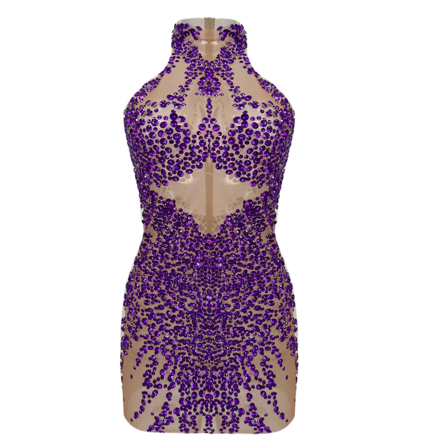 

Sexy Sleeveless Crystal Rhinestone Club Party Bodycon Dress Ladies Stripper Dancewear See Through Banquet Evening Mini Dress