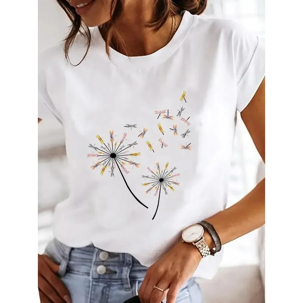 Dragonfly Butterfly Geometric Print T-shirt Casual Round Neck Short Sleeve Vibrant Colors  Abstract Floral Design Relaxed Chic