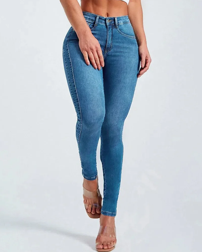 New High Waist Slim Fit Elastic Shaped Feet Pants Skinny Women's Jeans Streetwear Fashion Trousers Denim Pencil Pants