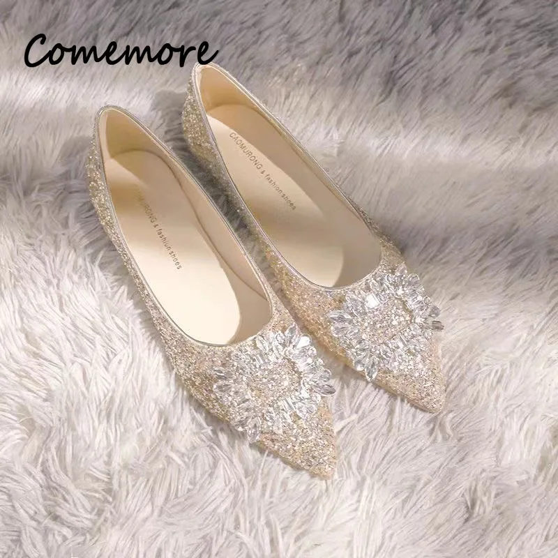 Comemore Champagne Color Flat Shoes Female Pointed Autumn Summer New Silver Low Heel Rhinestone Wedding Bridal Shoe Pumps