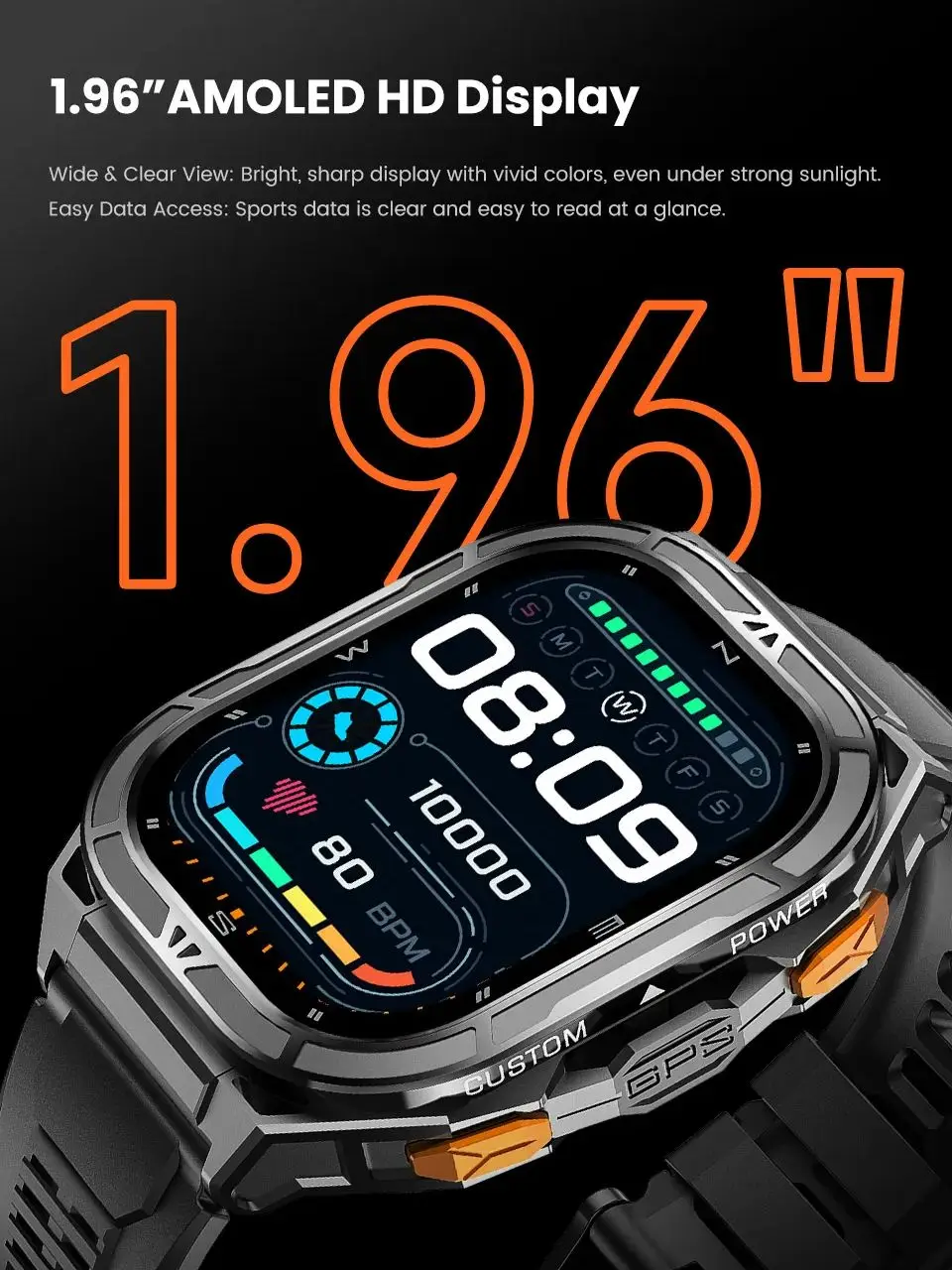 Uhoofit X5 Smartwatch Dual-Band GPS 1,96 Zoll AMOLED-Bildschirm Sportuhr 5ATM Wasserdichter Herzfrequenzmesser Outdoor-Smartwatch