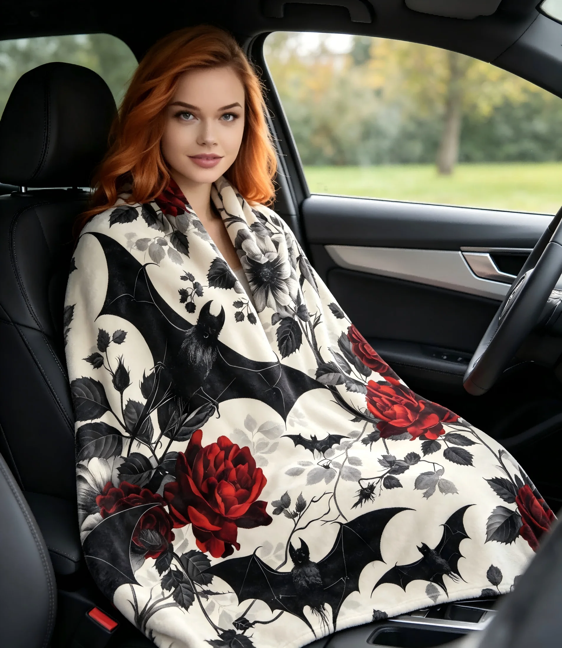 Gothic Floral Blanket Roses and Bat flannel Blankets Goth Throw gifts Plush Gothic arts to Men Women gifts idea four season use view 5