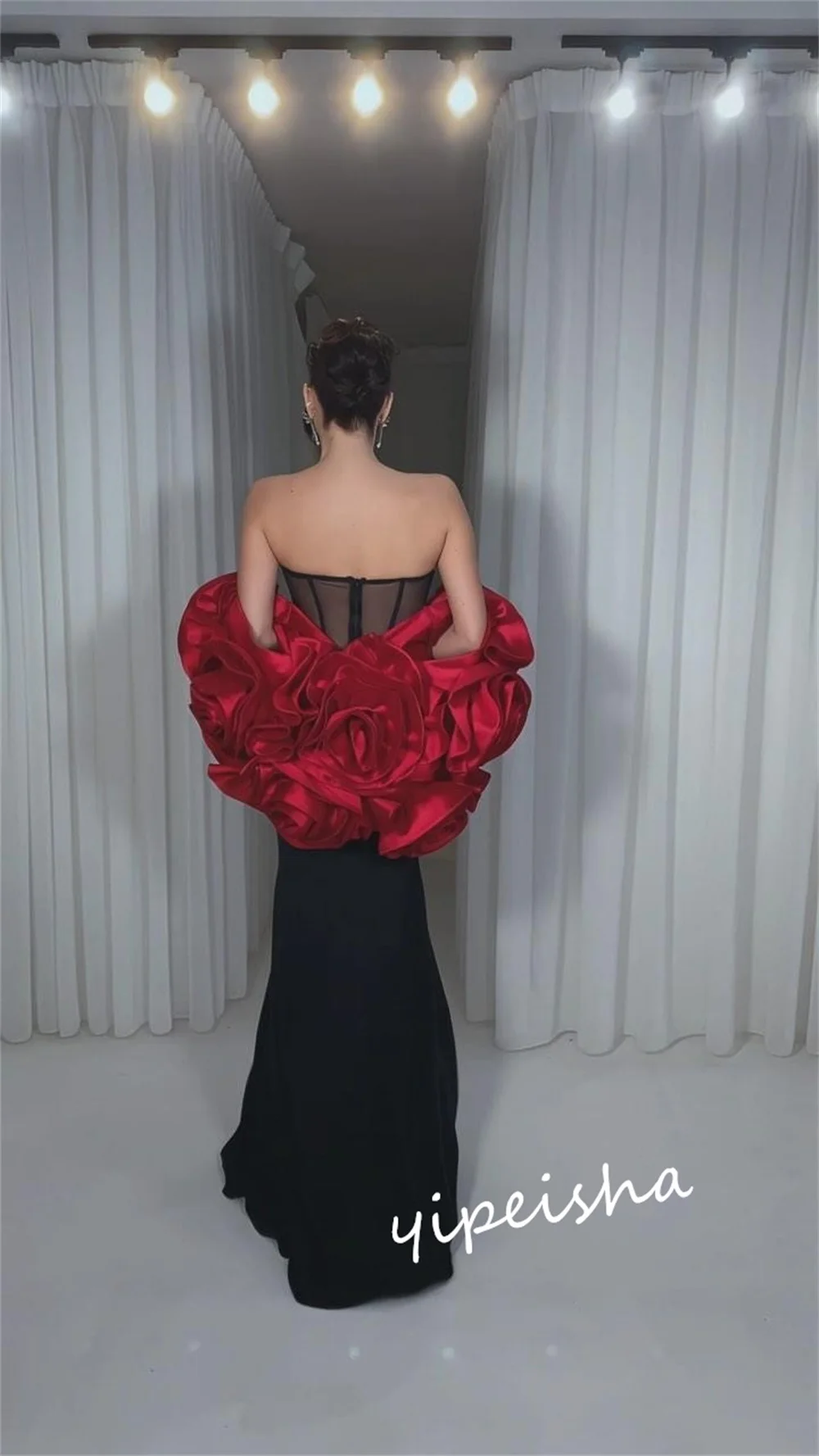 Prom Satin Blume formelle Abend trompete schulter frei maßge schneiderte Anlass Kleid lange Kleider