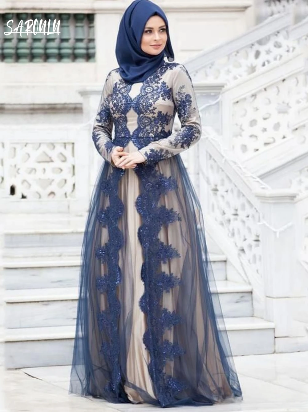 Klasik Dubai Abaya Arab Kaftan Maroko gaun malam Muslim applique A-line Formal lantai gaun Robe De mariee