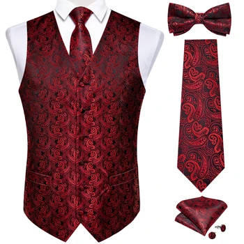 Gilet da uomo causale nero rosso con scollo a V per affari senza maniche Paisley Gilet da uomo da sposa Cravatta in seta Papillon Tasca quadrata Gemello