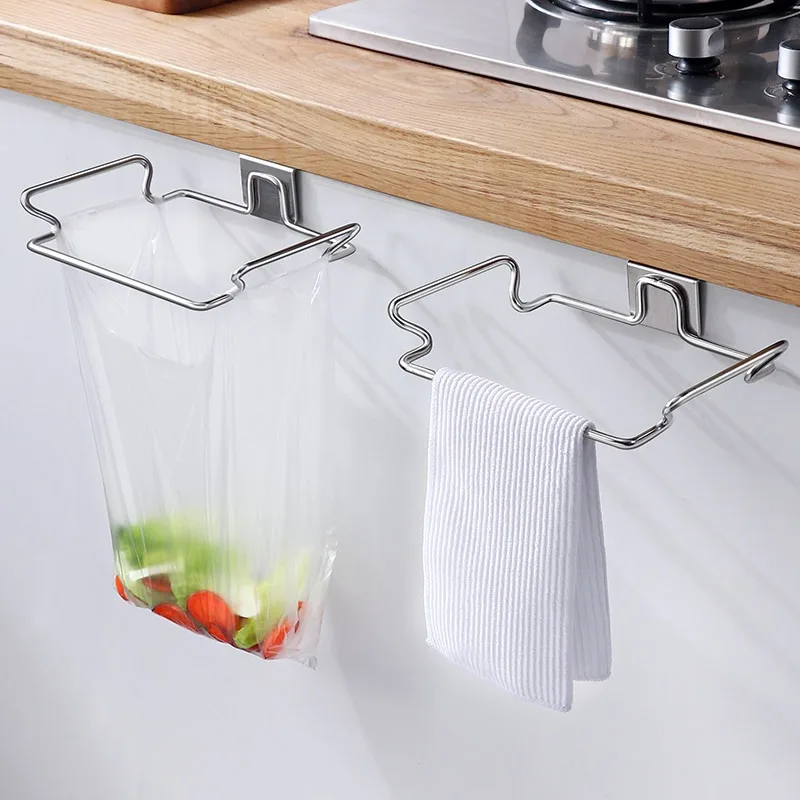 1 PCS Stainless Steel Kitchen Garbage Bin Rectangular Metal Garbage Bag Holder Cabinet Door Waste Storage Rack Suitable Kitchen
