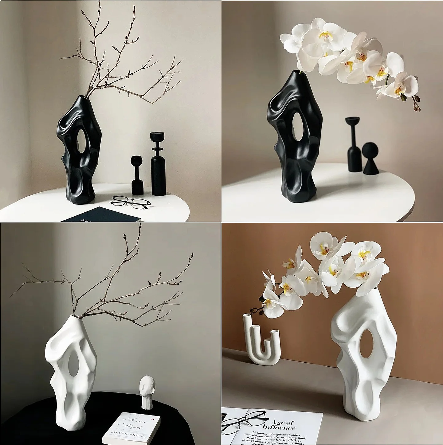 Creative Wide-Mouth Vase for Living Room or Dining Table – Wabi-Sabi / Vintage / Mid-Century Style Decorative Floral Arrangement