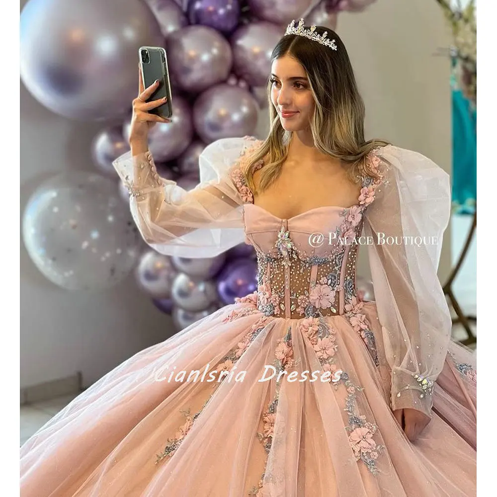 Rosa mangas compridas sopro ilusão espartilho quinceanera vestidos de baile cristal miçangas flores 3d doce 16 vestidos de 15 años