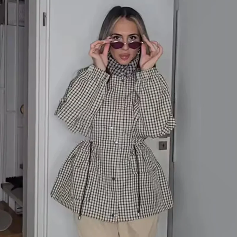 Oversize Women Jacket Drawstring Waist Plaid Coat Windbreaker Mid-Length Female Jackets 2026 Autumn New Chic Women's Outerwear image 3