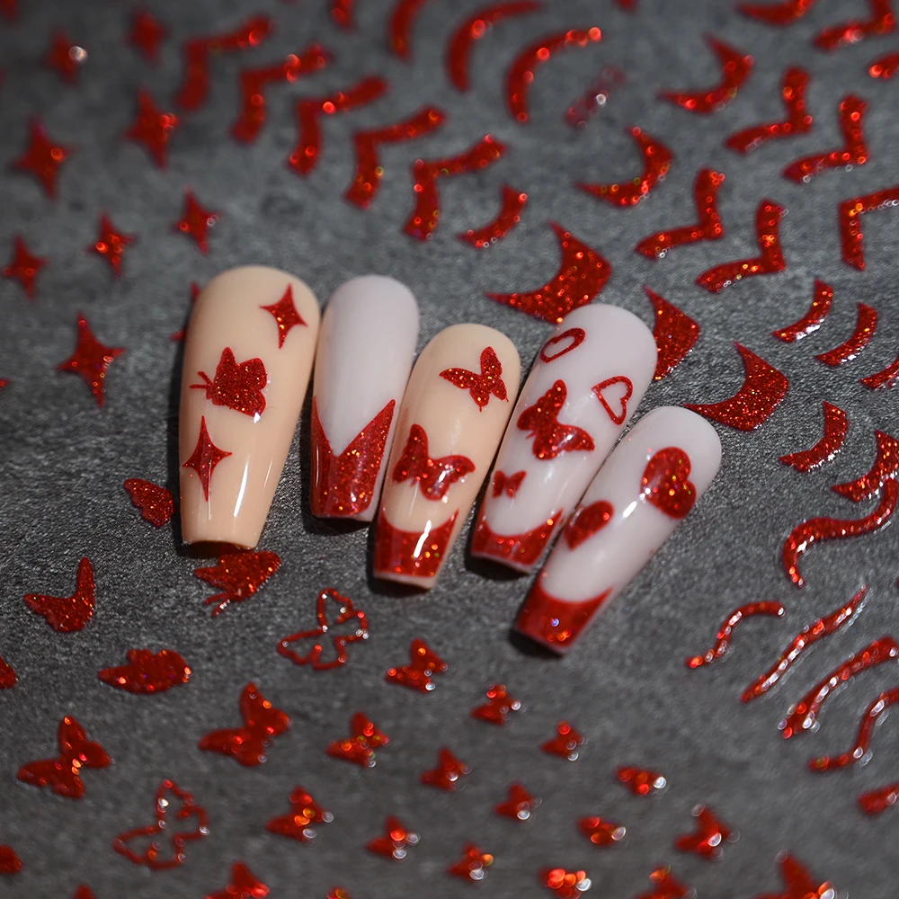 1 foglio 3D rosso glitter linea francese/curva adesivi per nail art onda/amore/stella/farfalla adesivo cursore striscia di turbolenza decalcomanie per manicure