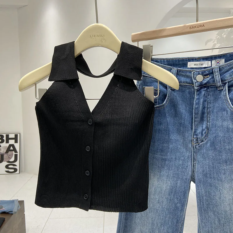 مضلع متماسكة الرسن قميص بولو بلا أكمام زر الجبهة المحاصيل الدبابات كاميس الصيف النساء في سن المراهقة فتاة 90s الزي خمر