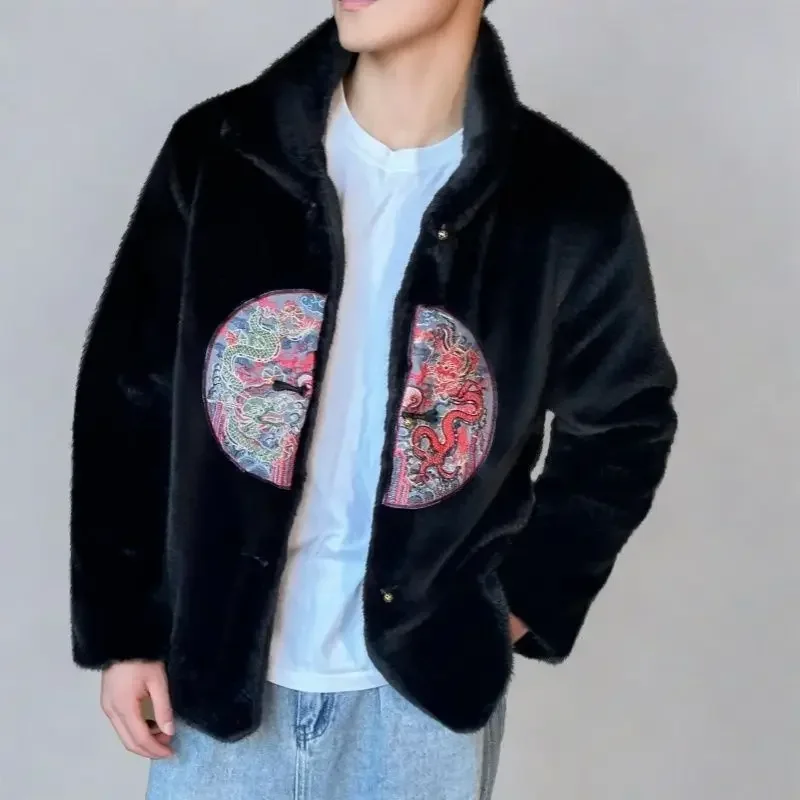 Winter Fur Jacket Embroidery Men's Clothing Warm Buttons Mens Faux Fur Coat Long Sleeve Thick Vintage Coat Luxury Brand Coats