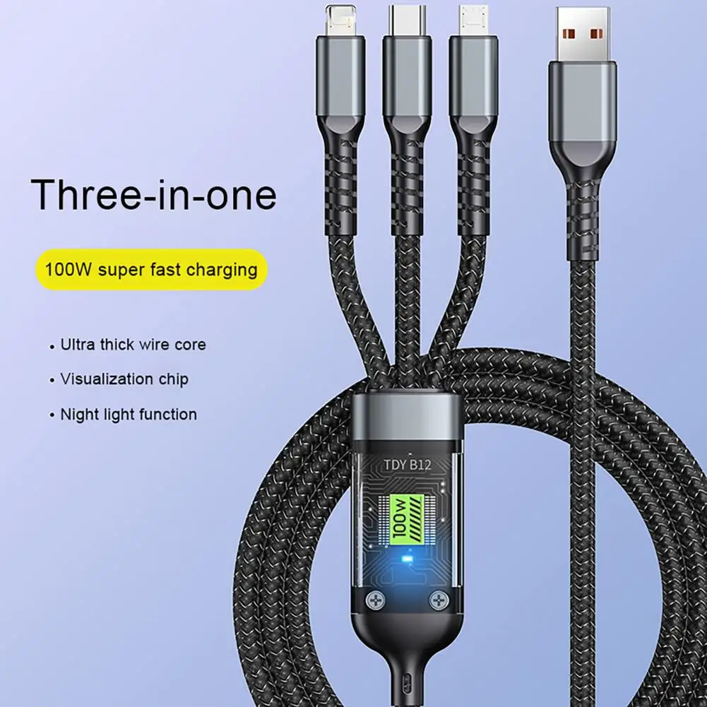 100W Fast Charging Cable Multi Charger Cable Nylon Braided 3 in 1 Charging Cord Adapter with Type-C Micro USB Port Connectors