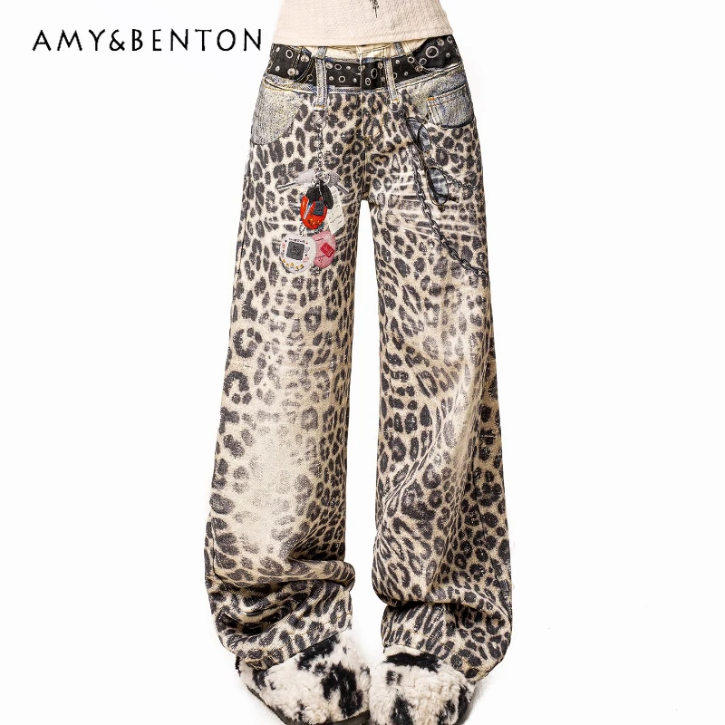 

European American Leopard Print Women's Jeans 2025 Autumn New Vintage Design Gradient Hot Girl Straight Wide-Leg Pants Ladies