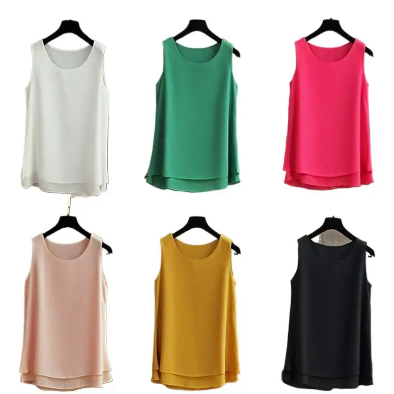 Women Tank Top White Blue Red Chiffon Summer O Neck Sleeveless Tops Vest Shirts Female Office Work Tops fashion clothing