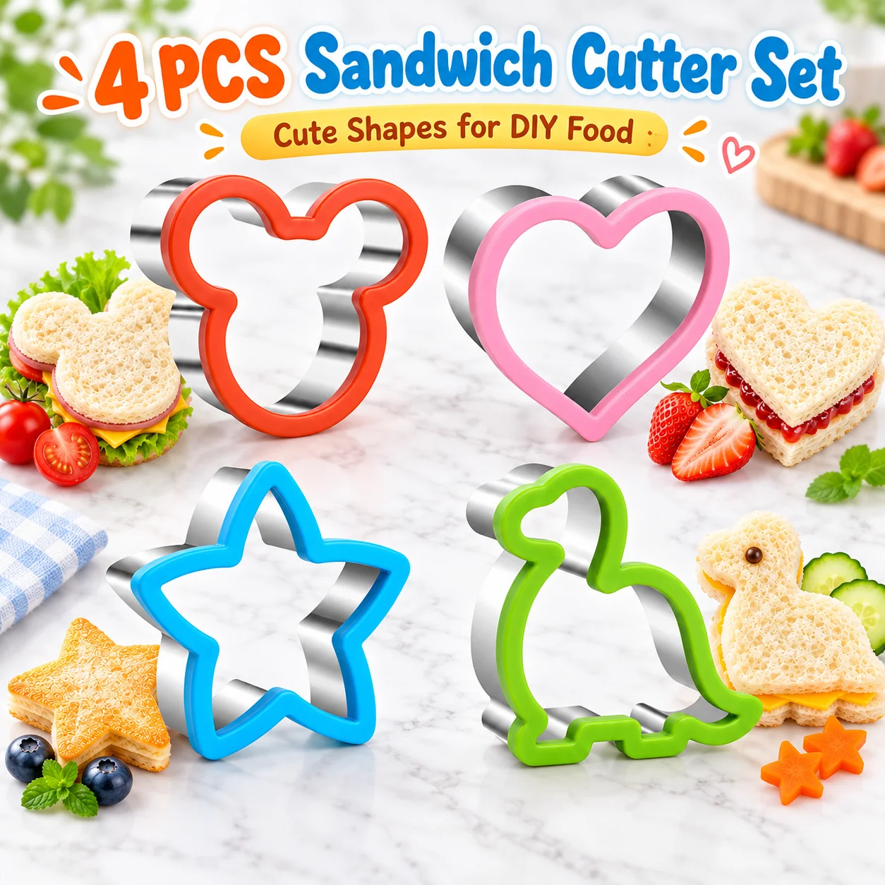4-teiliges Sandwich-Ausstecher-Set aus Edelstahl, rutschfest, mit Dinosaurier-, Bären-, Herz- und Sternformen für Brot, Kekse, Kinderfeiern, Feiertage und Backen zu Hause. – Detail 1
