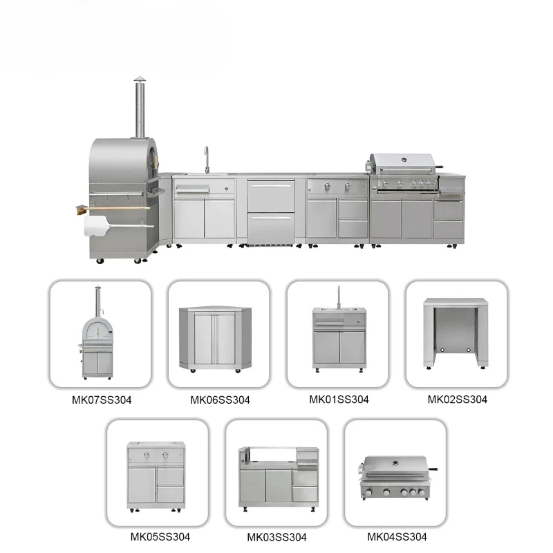 Outdoor Kitchen Cabinet 7 piece Set Island Stainless Steel gas barbecue grill garden gas Wood fire pizza oven bbq grill