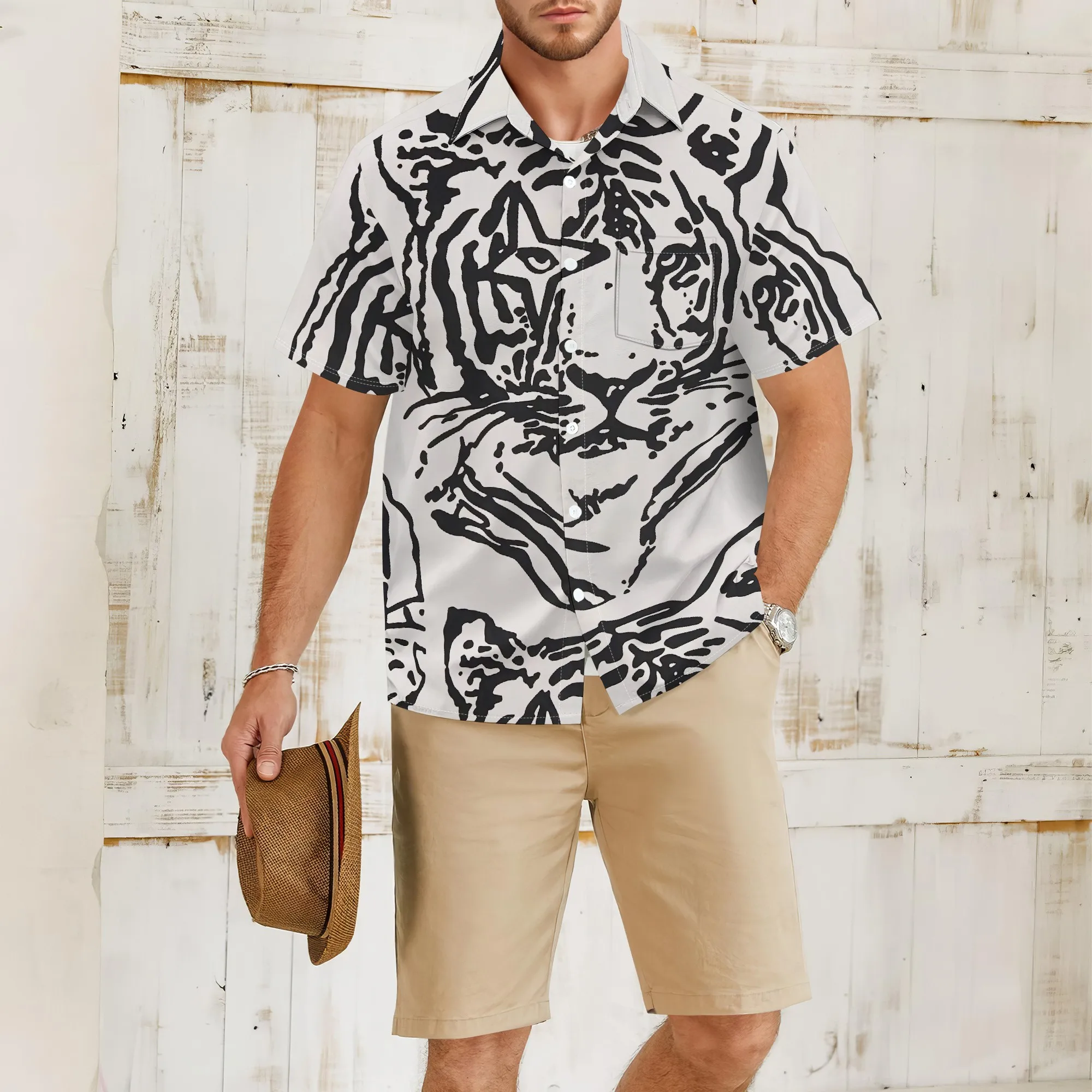 

YEAE Men's Blue Striped Short Sleeve Shirt 100% Polyester Beach Vacation Spring Modern Fit