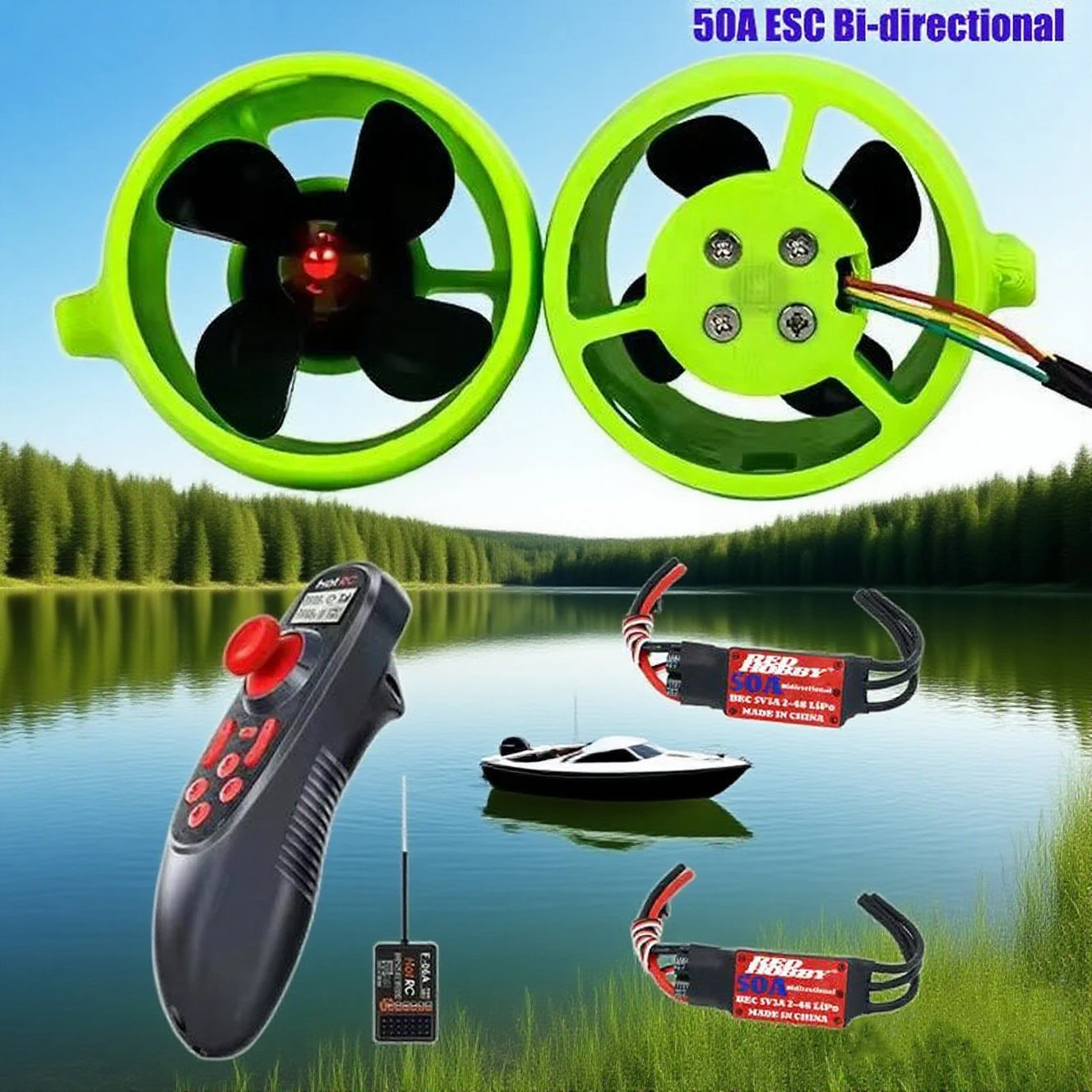 

Underwater Jet Boat 2KG 4-Blade CW CCW Thruster Engine / 50A Brushless ESC / Radio System Transmitter DS600 For RC Boat