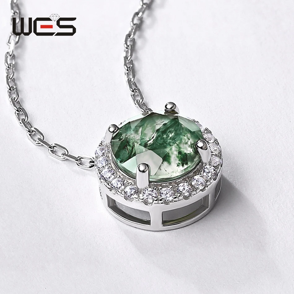 WES 925 Sterling Silver Natural Moss Agate 8*8mm Necklace for Woman Certified Jewelry Anniversary Valentine Party Gifts Band