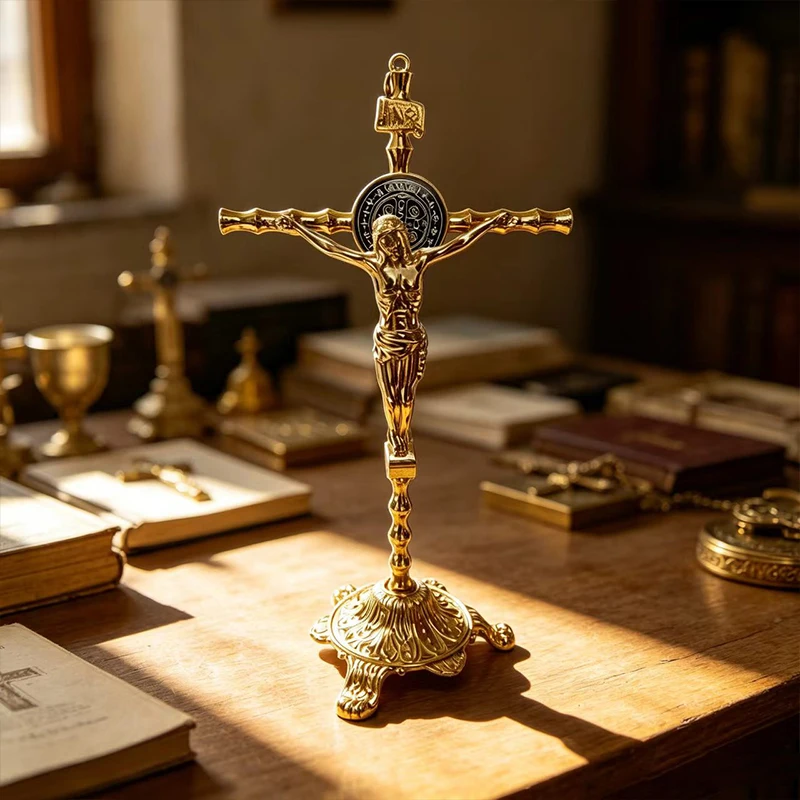 Vergoldetes stehendes Kruzifix mit Heiligen-Benedikt-Medaille für christliches Heimaltar-Gebet und religiöse Tischdekoration – Detail 4