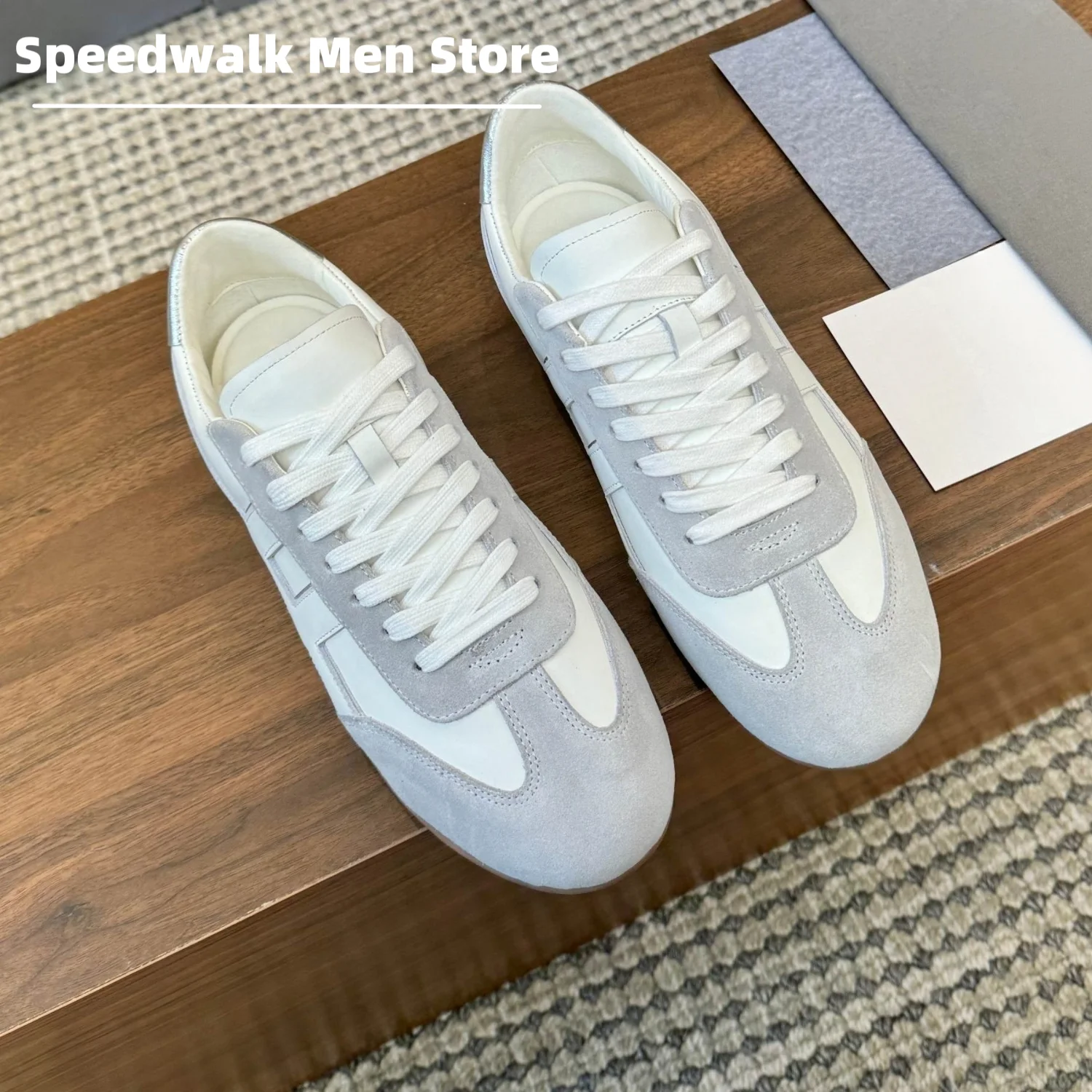 Men Women Smooth & Suede Leather Stitched Panel Sneakers Flat Gum Rubber Sole Lightweight Office Street Casual Trainers