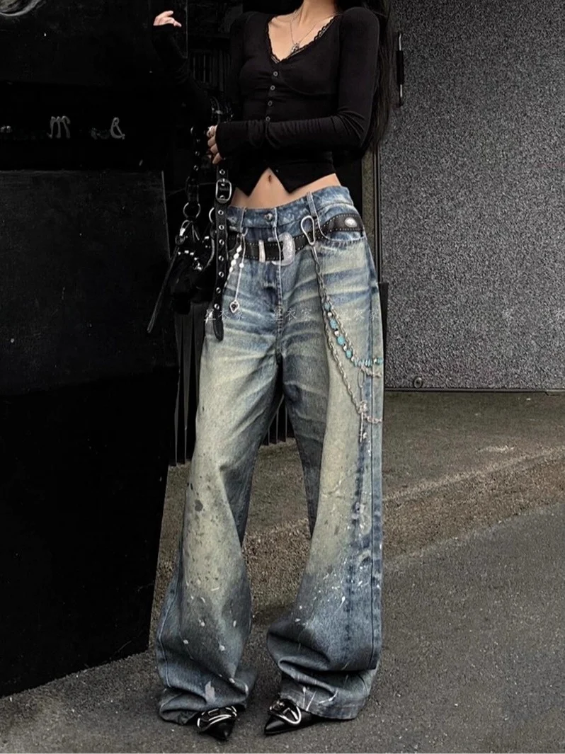Calças Jeans Americanas Retrô com Estampa Digital de Corrente, Tendência Unissex, Estilo High Street, com Efeito de Tinta Esp...
