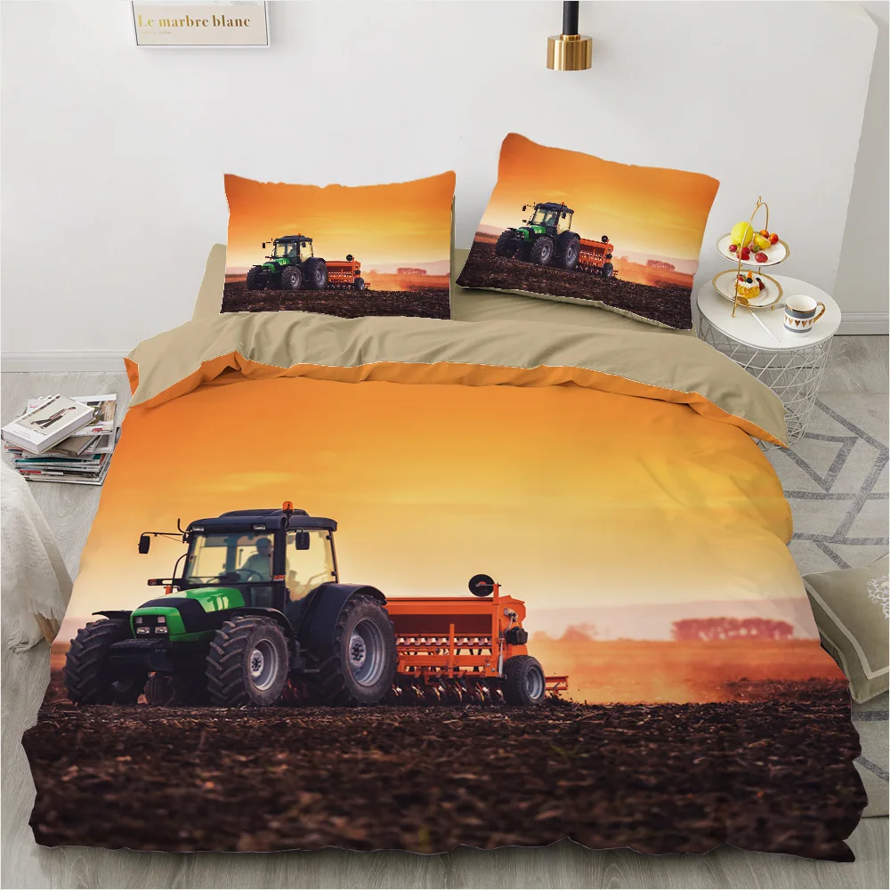 Tractor Kids Duvet Cover,Monster Truck on Farm Pattern Comforter Cover Set King/queen Size,Country Boys Hobby Cars Bedding Set