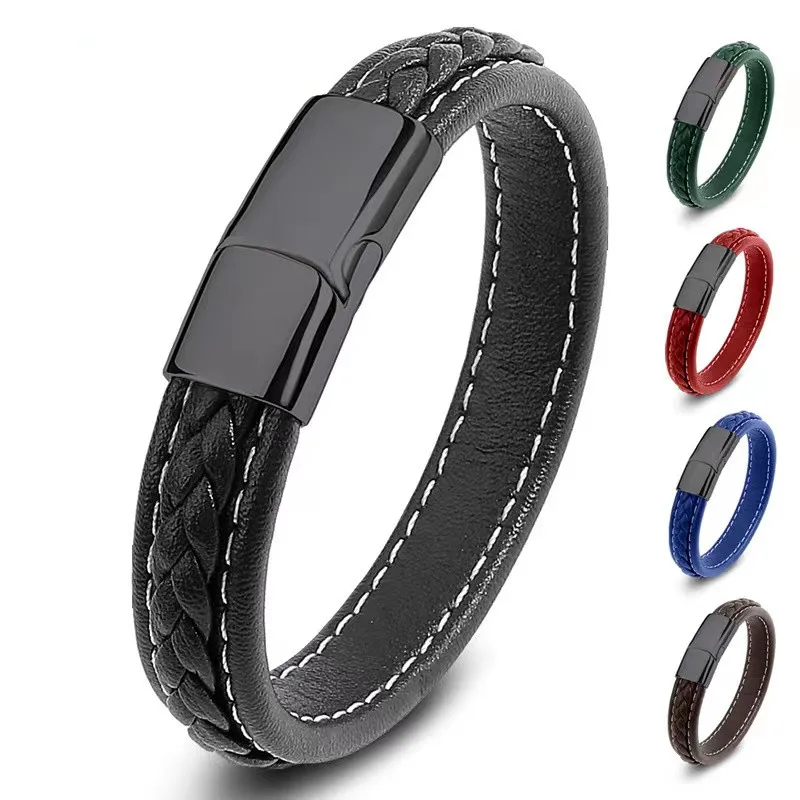 European and American Hot Selling Simple Style Woven Multicolor Wide Leather Rope Bracelet 316L Stainless Steel Men\'s Bracelet