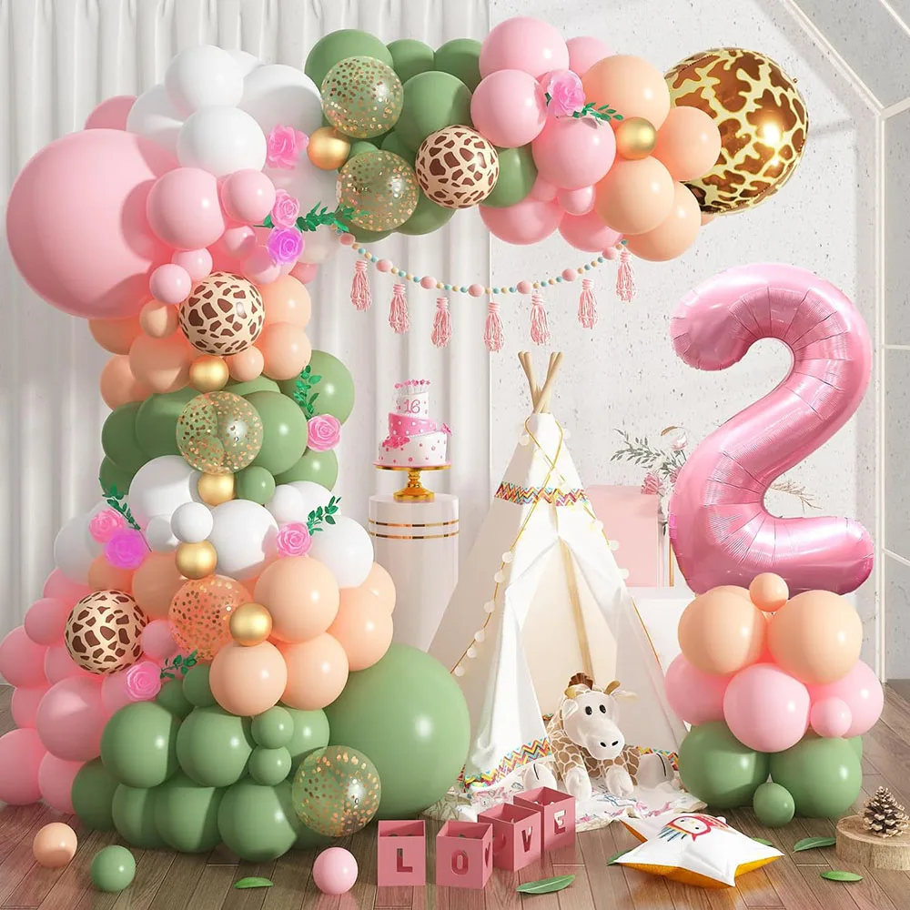 1St Jungle Safari Birthday Party Decoration, Pink Sage Green 1St Jungle Hunting Balloon Garland Arch Kit with Numbers 1 Aluminum Foil Balloon,