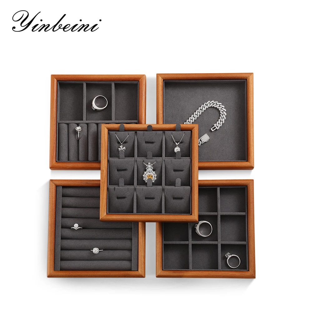 

YinBeiNi Beige&Dark Gray Solid Wood Jewelry Display Tray Ring Necklace Earring Bracelet Organizer for Shop Cabinet Exhibition