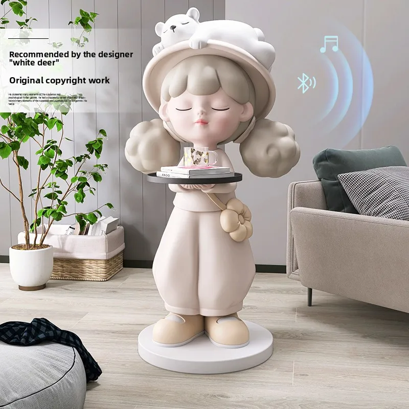 Home Decor Sculpture Figurines Decoration Accessorie Cream Style Tray Girl Floor Ornaments Living Room Resin Animal Statues