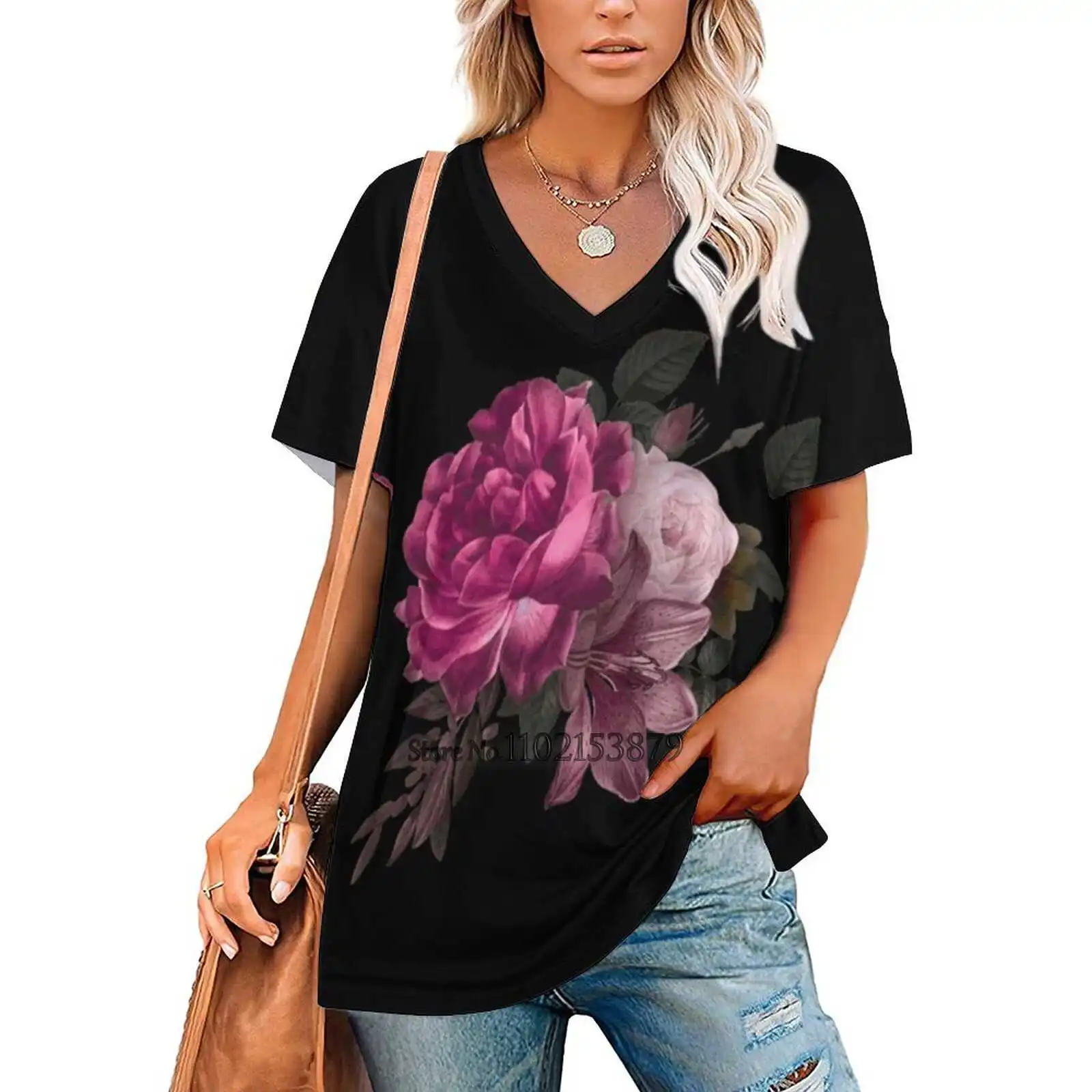 Camiseta de flores para mujer, pantalón corto informal, Tops de manga con cuello en V y cremallera, camisetas holgadas para mujer, flores, flores, polen rosa