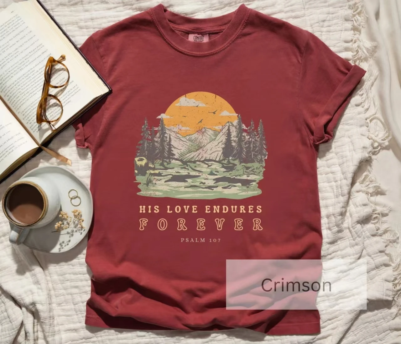 His Love Endures Forever Psalm Slogan Women T-shirt Vintage Cartoon Mountain Forest  Setting Sun Print Female Casual Female Tee