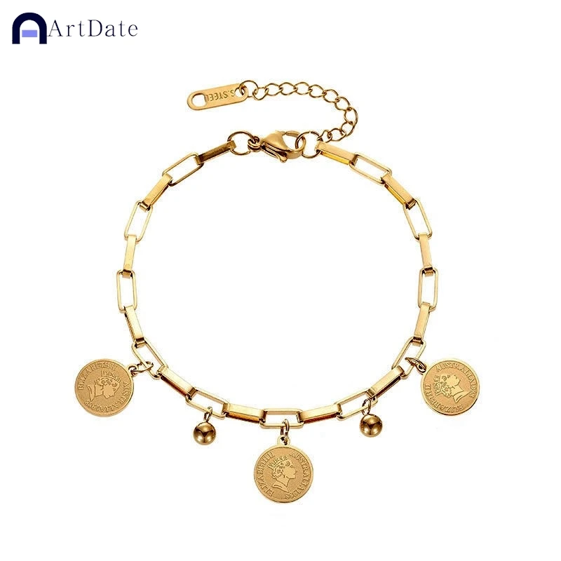 ArtDate 1pcs Gold-color Bracelet Ladies Hip Hop Style Stainless Steel Round Sign Portrait Pendant Wide Cross Chain Jewelry