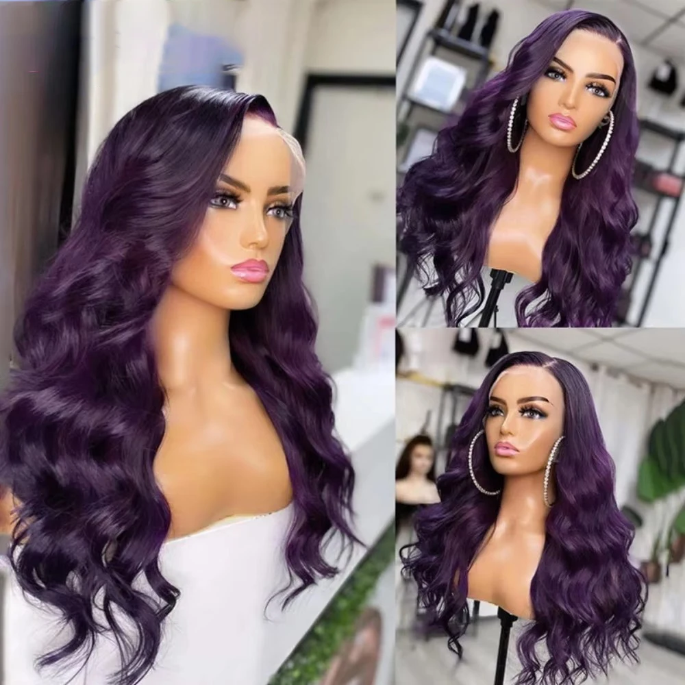 QW Synthetic Hair Deep Purple Color Body Wave Soft 13X4 Lace Front Wig For Women Hair Heat Resistant Fiber Cosplay  Daily