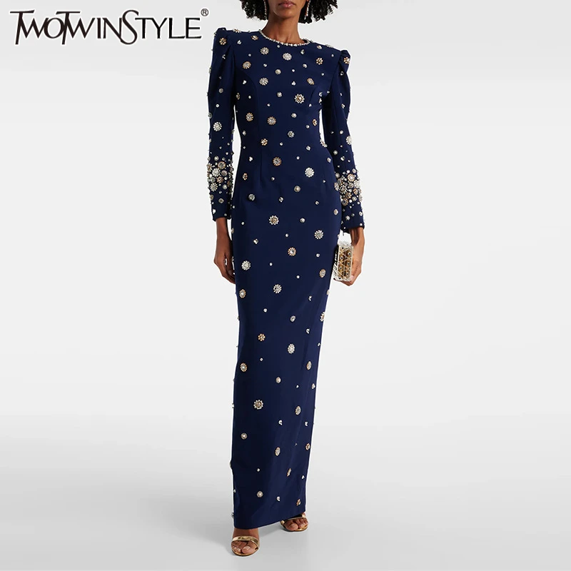 

TWOTWINSTYLE Solid Slimming Long Dresses for Women Round Neck Long Sleeves Patchwork Diamonds Fashion Dress Female Clothing New