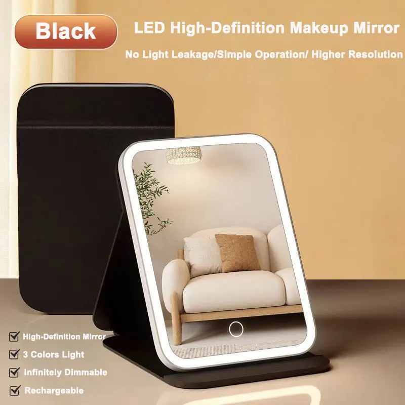 3 Colors LED Vanity Mirror with Leather Touch Screen USB Rechargeable  3 Brightness Dimming Makeup Mirror Foldable