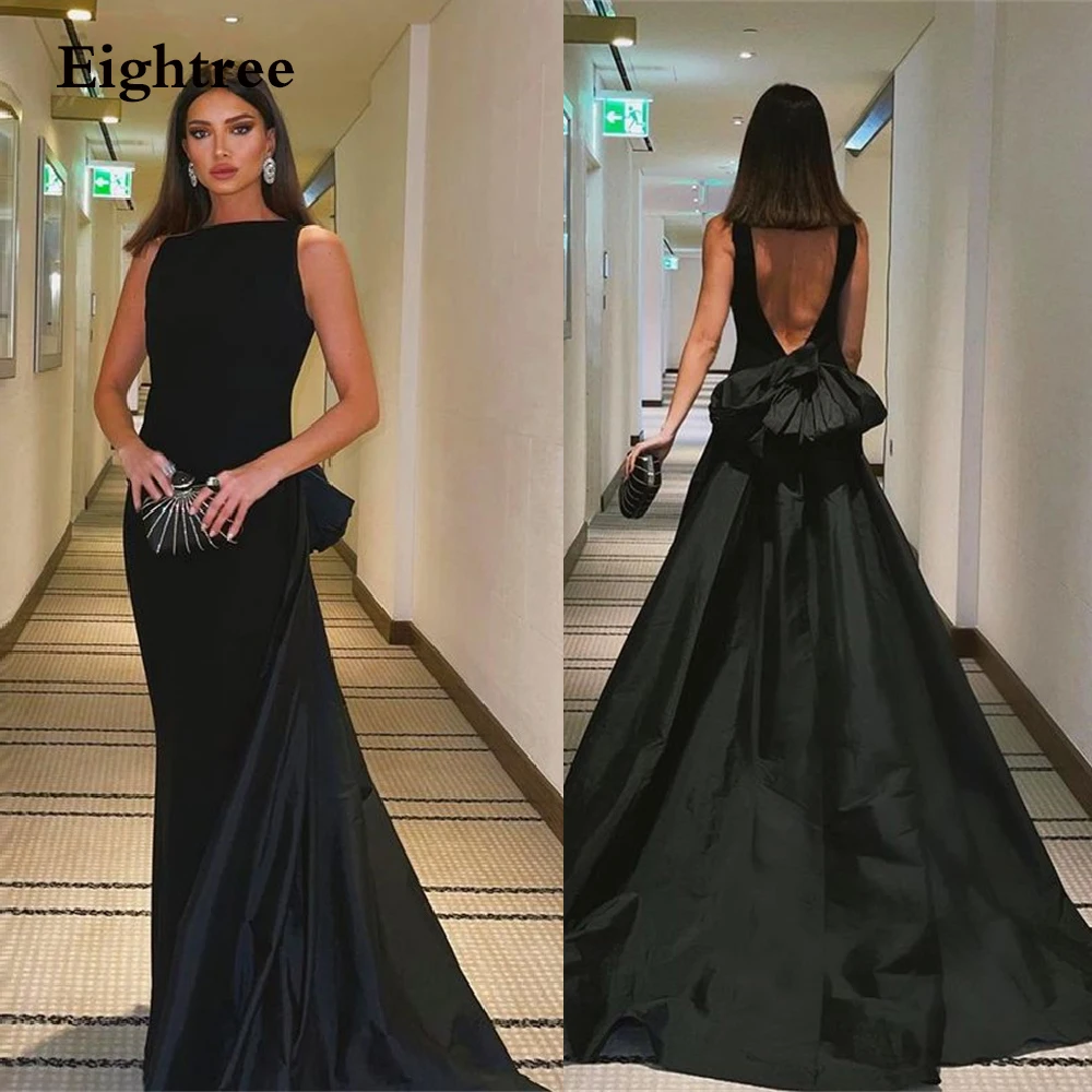 Eightree O Neck Black Backless Bow Prom Dress A Line Sleeveless Long Train Dubai Evening Night Party Dresses Vestidos Prom Gowns