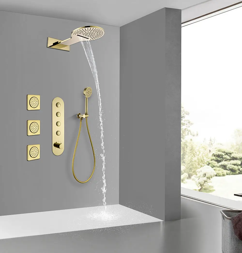 BUYBAY Gold Shower System: Concealed Thermostatic Mixer, Four Functions, Round Design, Three Wall Sprays