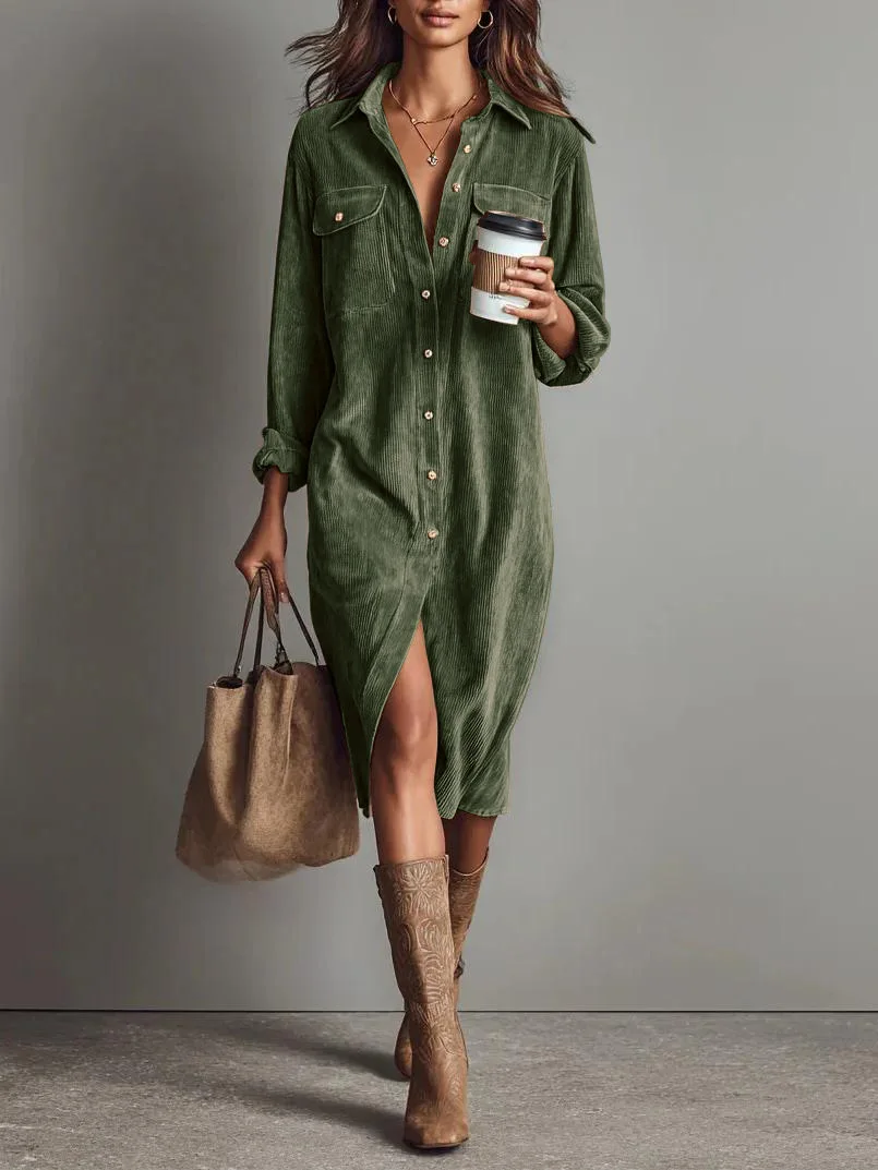 Fall Retro Solid Ribbed Corduroy Dress Woman Elegant Single Breasted Lapel Shirt Dresses Winter Long Sleeve Slit Female Clothing
