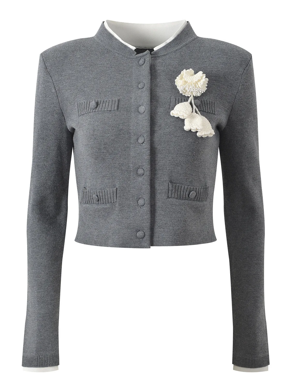 

Новинка осени 2025: Вязаный женский кардиган с круглым вырезом, цветочным декором на груди и цветовыми блоками, элегантный стиль