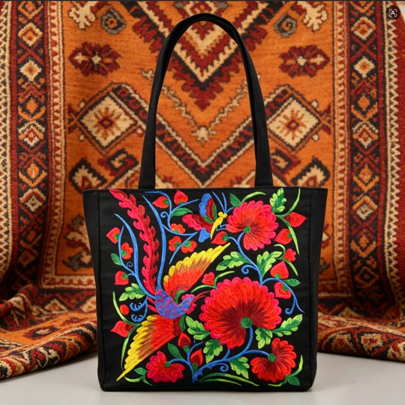 Modische Ethnische Bestickte Damen-Schultertasche Große Kapazität Canvas-Einkaufstasche mit Taschen, Handliche Einkaufstasche, Aufbewahrungsorganizer