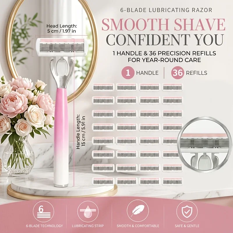 [Women's Shaving Set] 2 high-end handles, including 36 replacement blades, 6-layer blade design, anti slip and sharp for women's razors, smooth and seamless blades, and painless shaving, making it a must-have for women