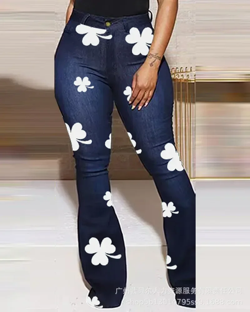 Women Jeans High Waist Print Floral Pockets High Street Autumn 2024 Casual Streetwear Zipper Fly Flat Sexy Sheath Slim Fit