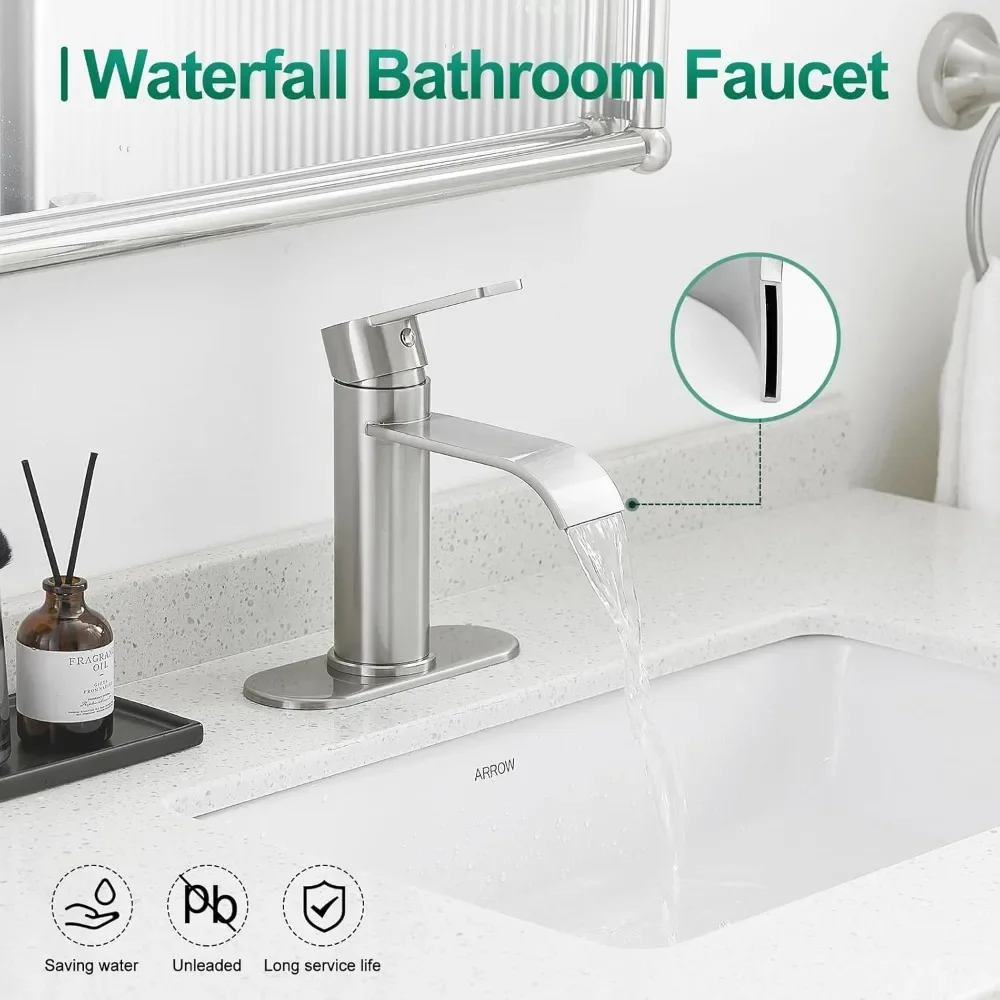 Basin Faucets Brushed Nickel , Single Handle Bathroom Sink  Modern Waterfall Bathroom Faucet 1 or 3 Holes with Deck Plate