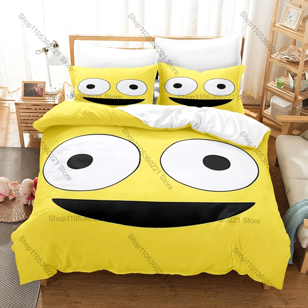 Cartoon Smiling Friends Bedding Set, Duvet Cover & 2 Pillowcases, Unique Character Pattern Breathable Fabric All Season Use