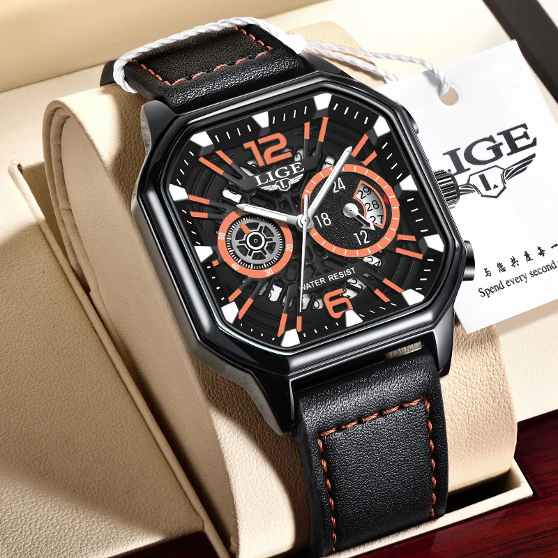 

LIGE Fashion Luxury Man Watch Leather Strap Gentleman Quartz Watches for Men Waterproof Luminous Casual Sports Date Chronograph