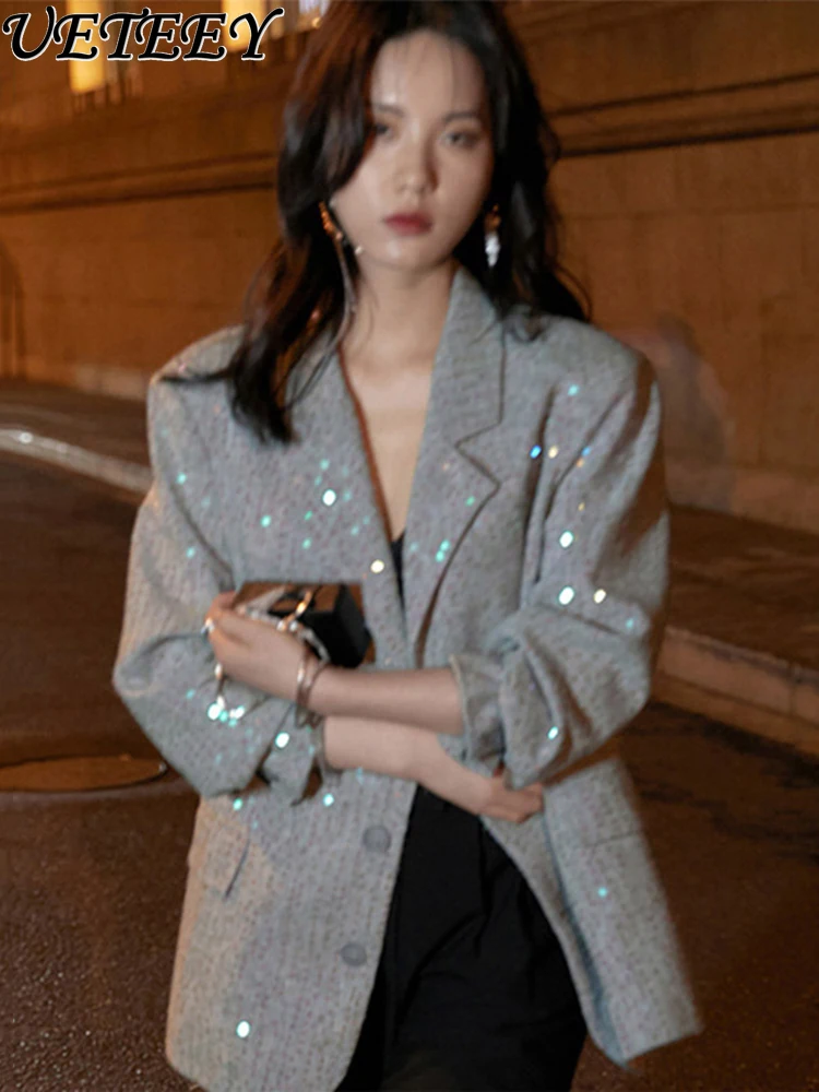 

Elegant Sequin Design Sense Niche Suit Jacket for Women New Spring and Autumn Temperament Goddess Fashion Loose Blazer Coat