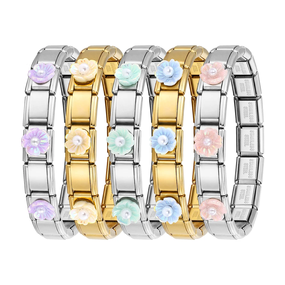 Creative Colorful Women Female Charm Bracelet Flower Italian Link Fit 9mm Stainless Steel Fashion Jewelry Making DIY Accessories